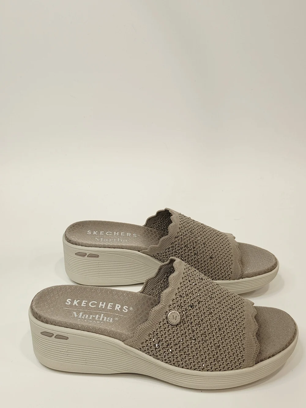Skechers Women's Taupe Knit Slip-On Wedge Sandals With Rinestones
